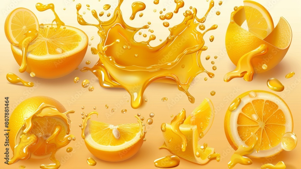 Poster set of realistic 3d modern splashing and flowing jets and drips, featuring oil, orange or lemon juic