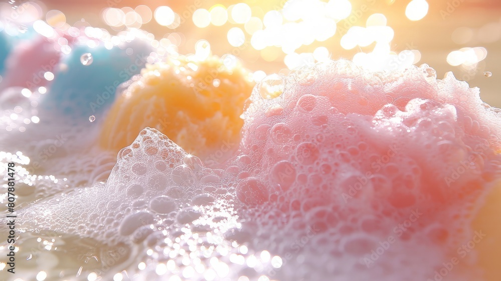Poster colorful soap bubbles of various sizes are floating on the water surface, creating a vibrant and dyn