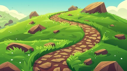 Information graphics with road top view, steps, rocky windy trail, green grass and rocks along, valley scenic landscape, hill path infographic cartoon modern illustration.