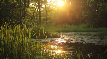 Sunset over a tranquil forest pond with lush greenery