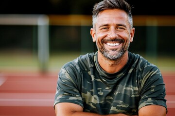 Mature man in a camouflage shirt smiling with crossed arms on an outdoor track