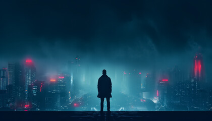 A man stands in the rain, looking out over a city