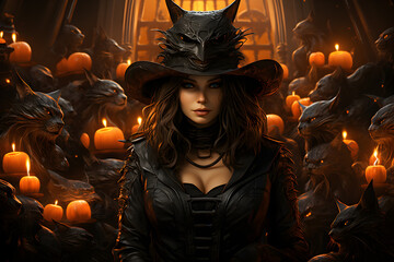 Beautiful, mysterious Halloween witch, sorceress. In the background scary cat creatures and Halloween pumpkins with devilish faces. A special, unique design for Halloween party invitation cards, poste