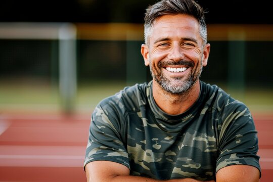 Mature man in a camouflage shirt smiling with crossed arms on an outdoor track