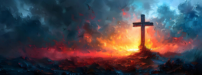 cross in the burning red sky, biblical and spiritual religious illustration, sacred scene related to faith and Christianity