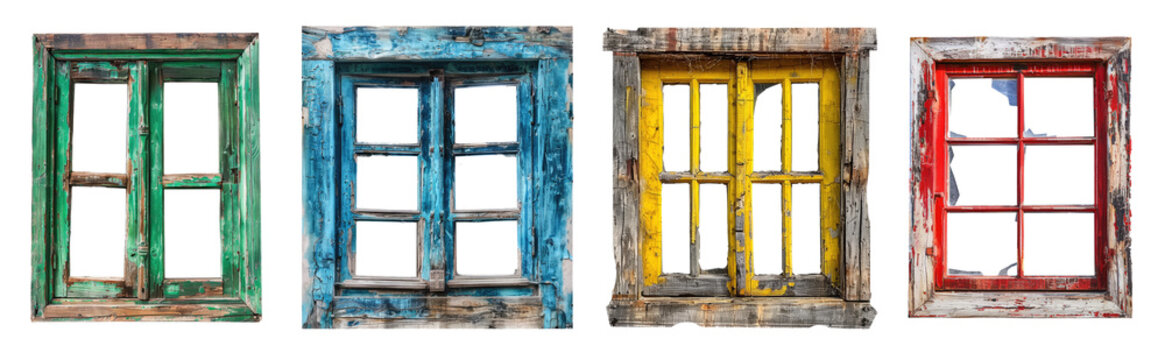 old rusty wooden colorful window frames isolated