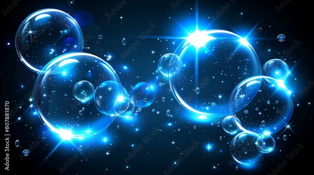 Poster multiple blue bubbles are floating on a solid black background, creating a striking contrast in colo