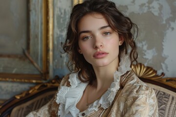 Fototapeta premium A young woman wearing an elaborate dress is seated on a chair
