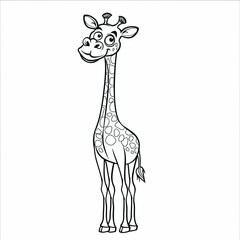 lineart black & white cartoon clean simple outline of a funny chubby giraffe coloring book for kids