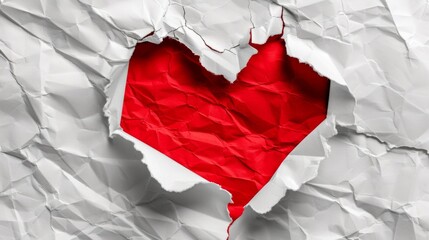 Red paper heart. Torn hole in white paper in the shape of a heart. Love and Valentine's Day concept. Heart shaped hole