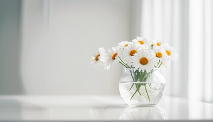 daisy flowers in decorative glass vase and white wall background
