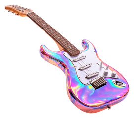Obraz premium PNG Guitar on fire iridescent white background string purple.