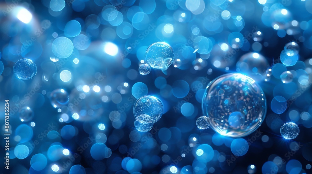Poster blue bubbles of various sizes float gracefully against a stark black background