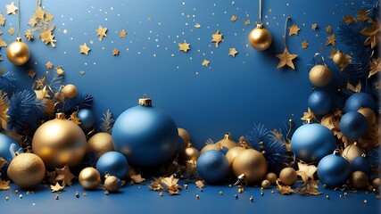 Fototapeta premium a contemporary blue Christmas background with balls and gold stars. Design of greeting card: Happy New Year