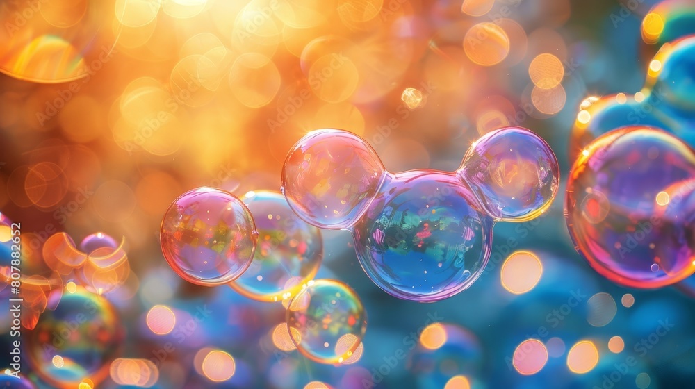 Poster soap bubbles floating in the air, showcasing their iridescent colors and reflective surfaces