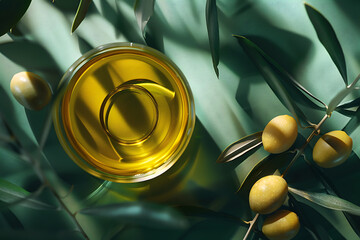 A close-up view of fresh olives and a bottle of olive oil, highlighting the essence of Mediterranean cuisine and healthy eating.