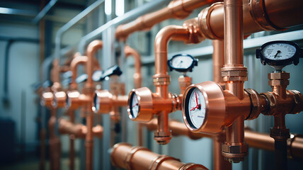 Fototapeta premium A system of pipes and sensors in the basement of the house.