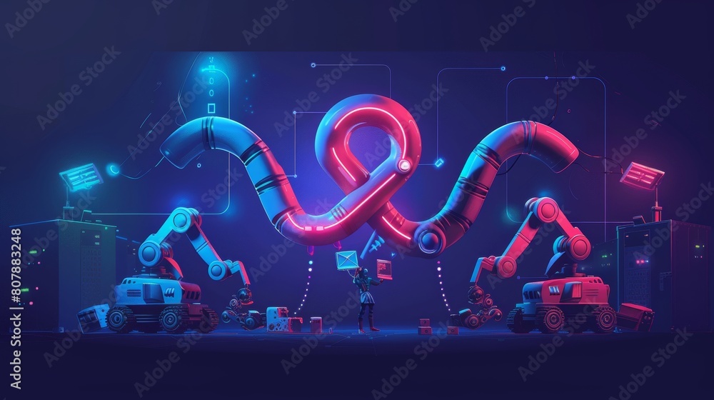 Poster the concept of devops. software development and administration in a continuous process. hologram ill