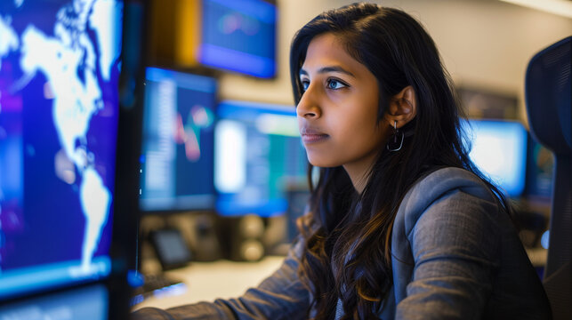 Candid natural photo of female network security IT specialist at work, wide landscape format - Powered by Adobe