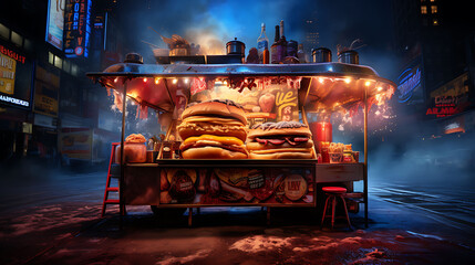 An iconic New York City hot dog cart in Times Square at night, with a vendor serving steaming hot...