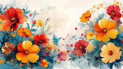 abstract floral artwork featuring a variety of colorful flowers, including red, orange, yellow, and orange - and - yellow blooms, set against a white wall