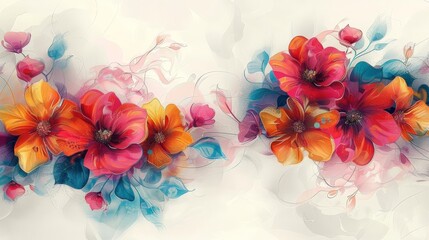 abstract floral artwork featuring a variety of colorful flowers, including orange, yellow, and pink blooms, arranged in a row from left to right
