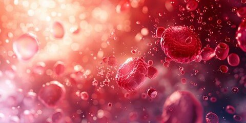Digital microscopic view of blood cells in a vibrant red environment