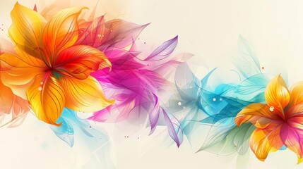 abstract floral background design featuring a variety of colorful flowers, including orange and yellow, yellow, and blue blooms, set against a white wall