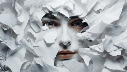 A man's face is covered in paper, giving it a disheveled and chaotic appearance