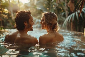 A man and woman are relaxing in a hot tub, surrounded by steam, while enjoying each others company