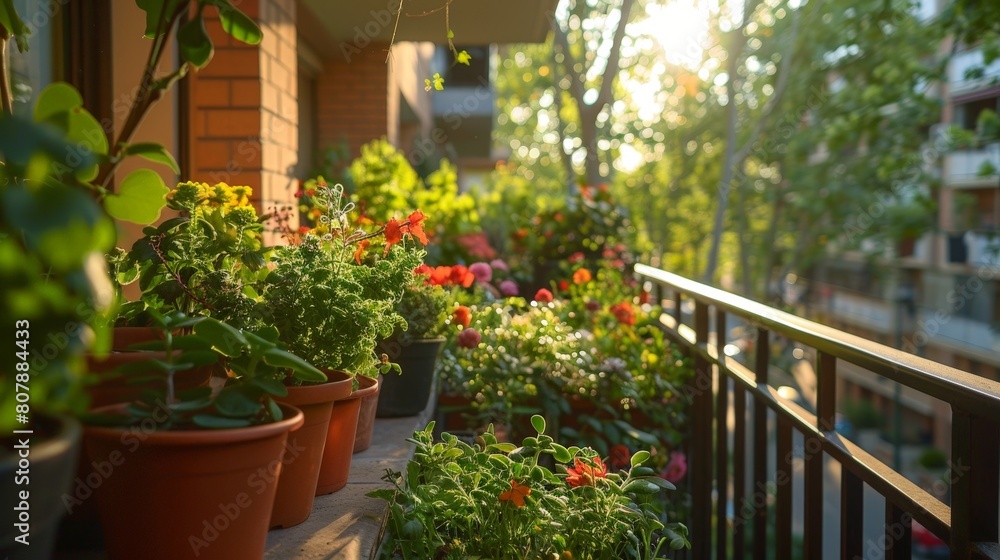 Poster a balcony is fully covered with a variety of potted plants and colorful flowers, creating a lush and
