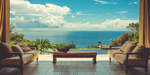 Fototapeta premium Elegant Sea View from Open Living Area of Luxury Villa, Tranquil Vacation Home
