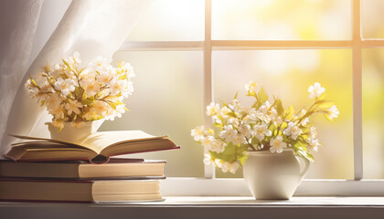 A vase of flowers sits on top of a stack of books
