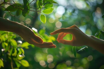 Two peoples hands almost touching in a gesture of connection or reconciliation on the forest background