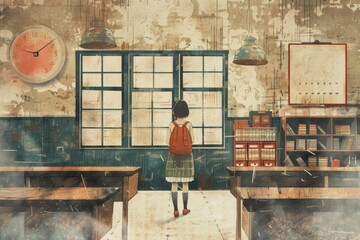 Girl standing in a classroom with a clock. School background 