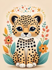 Floral Cute Baby Leopard Nursery Generative AI Illustration 
