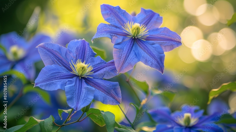 Poster Blue clematis flowers basking in the suns rays, vibrant and full of color against a bright background