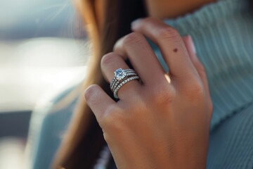 Elegant Engagement Ring on Woman's Hand, Luxury Jewelry Fashion Close-Up