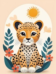 Floral Cute Baby Leopard Nursery Generative AI Illustration 