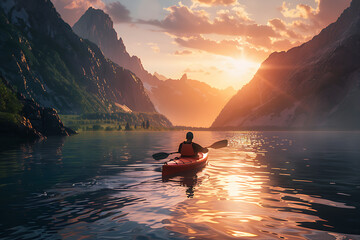 A person enjoys a tranquil kayak ride on calm waters, surrounded by nature's beauty and serenity.