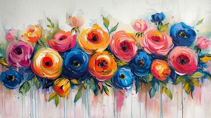 abstract floral painting with bold strokes of red, orange, yellow, and blue on a white wall