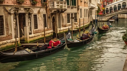 Fototapeta na wymiar A fleet of traditional wooden gondolas gliding along the historic canals of Venice,Italy