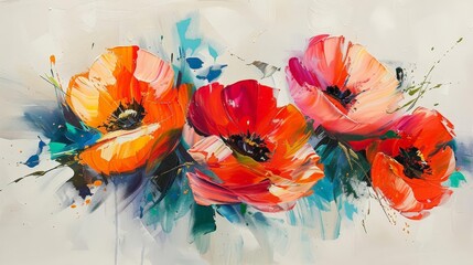 abstract floral painting with bold strokes of red, orange, yellow, and blue on a isolated background