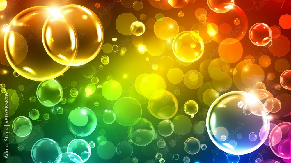 Fototapete brightly colored bubbles of varying sizes floating on a stark black background, creating a striking 