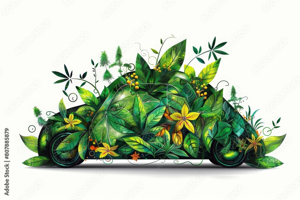 Aufkleber a car completely covered in various plants and flowers, creating a colorful and unique sight in an u