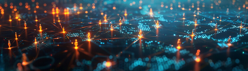 Obraz premium Hightech digital communication network, connecting people across glowing interfaces on a global map