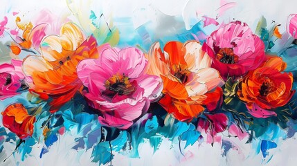 abstract floral painting with bold strokes of pink, orange, yellow, and red