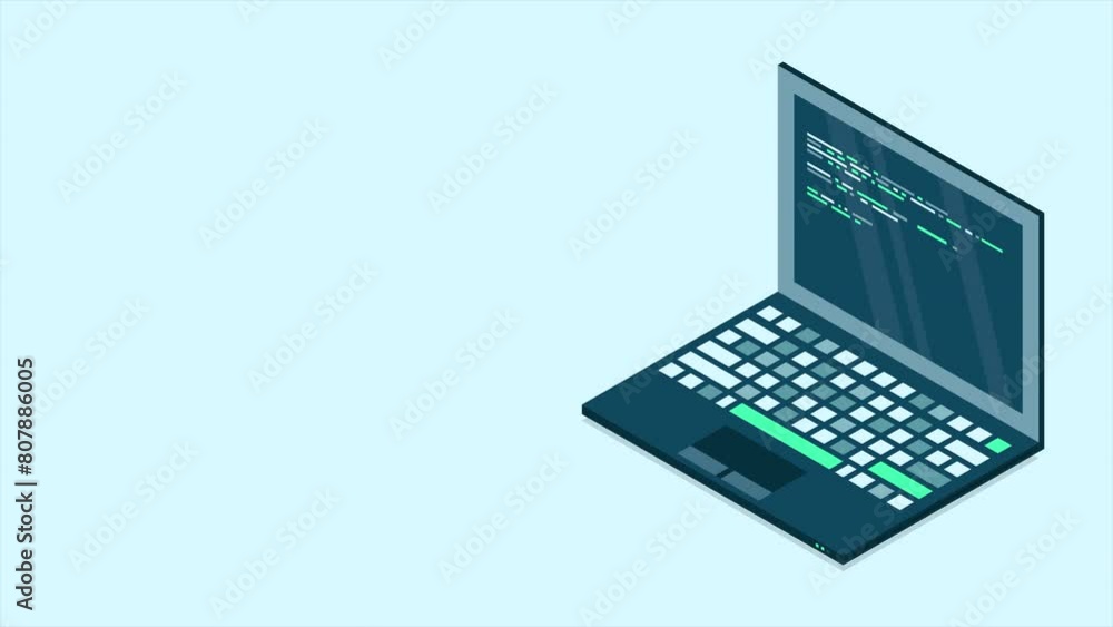 Poster Isometric laptop animation. 3d isometric laptop computer. Abstract programming language and program code on a laptop screen. 4K video animated in isometric style