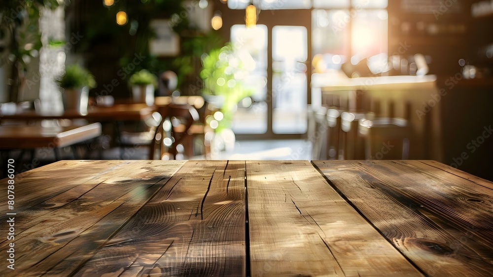 Poster mockup display of products on an empty wooden table in a cafe with a blurred background. concept pro