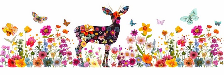 A deer stands among a vast field of colorful flowers, surrounded by fluttering butterflies
